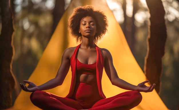 Cerca de una mujer afroamericana practicando meditación al aire libre