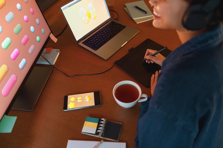 Foto cerca de una mujer diseñadora trabaja en casa dibujando en una tableta gráfica independiente que trabaja en un proyecto
