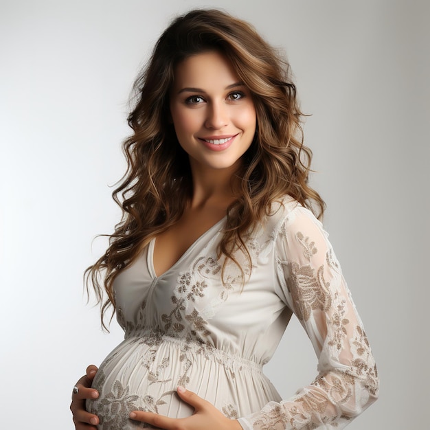 Cerca de una mujer embarazada feliz con una gran barriga tocando el vientre mujer embarazada