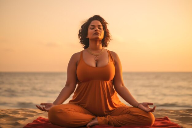 Cerca de una mujer hindi practicando meditación en la playa