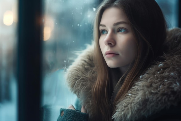 Cerca de una mujer joven contemplando una escena de invierno desde su ventana