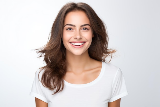 Cerca de una mujer joven sonriendo y vistiendo una camiseta blanca sobre un fondo blanco.