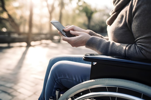 Cerca de una mujer que usa un teléfono móvil mientras está sentada en una silla de ruedas