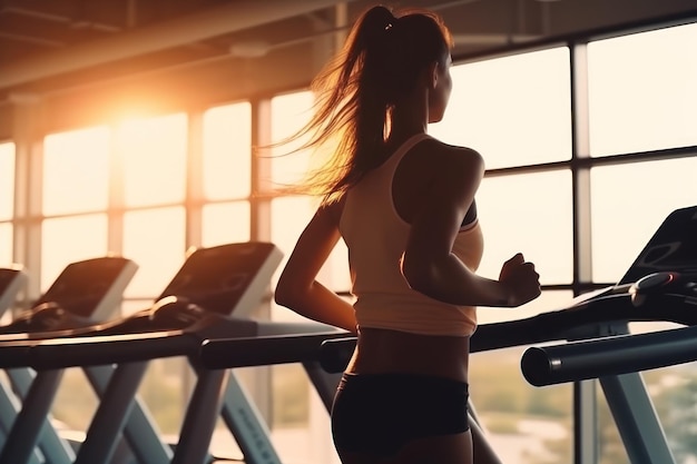 Cerca de una mujer con ropa deportiva corriendo en una cinta de correr en el gimnasio