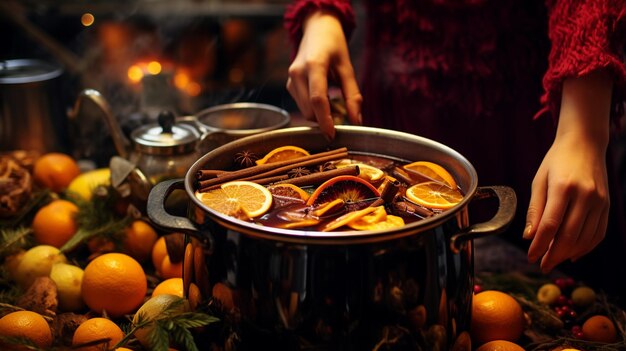 cerca de una mujer sosteniendo un vaso con vino caliente y rebanadas de naranja