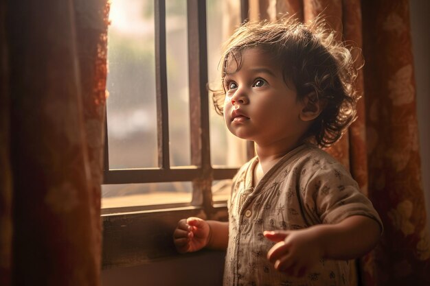 Cerca de un niño hindi solo en una habitación con ventana y luz natural