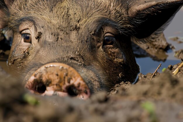 Cerca de los ojos de un cerdo mirando a través del barro