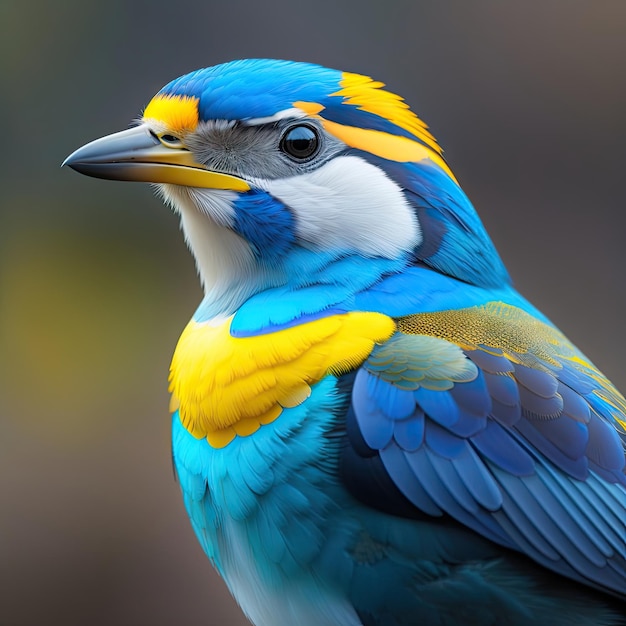 Cerca de un pájaro azul y amarillo