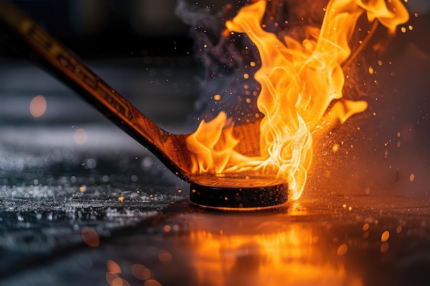 cerca de un palo de hockey golpeando un disco en forma de una quemadura en el fuego