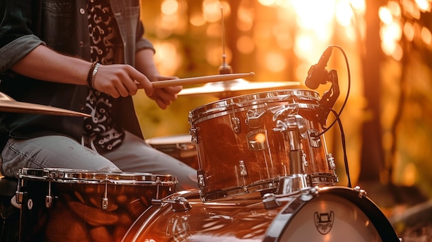 Cerca de los palos de la batería tocando el ritmo de la batería