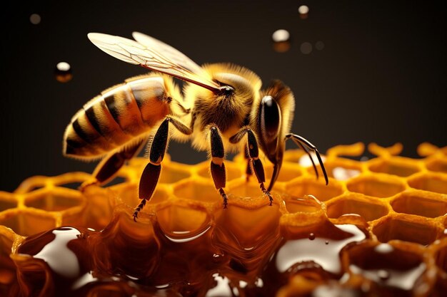 Cerca del panal con abeja y miel