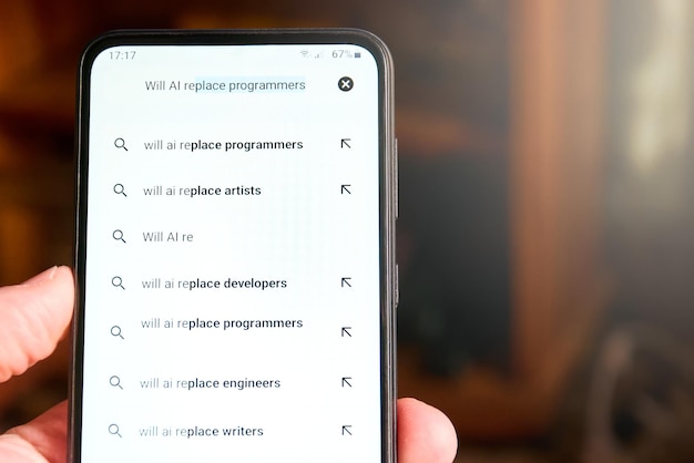 Foto cerca de la pantalla del teléfono móvil con búsqueda ¿la ia reemplazará a los programadores y la lista de búsquedas sugeridas a continuación las personas buscan en la ia concepto de miedo a que la ia reemplace los trabajos