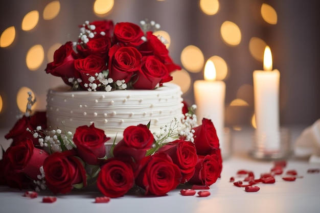 De cerca del pastel de boda con flores rosas de alta calidad