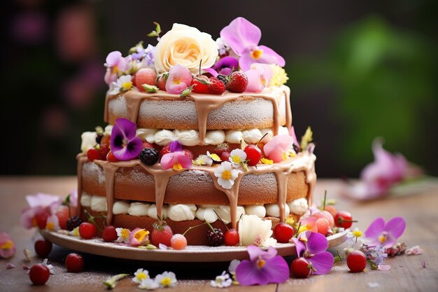 De cerca del pastel de boda con flores rosas de alta calidad