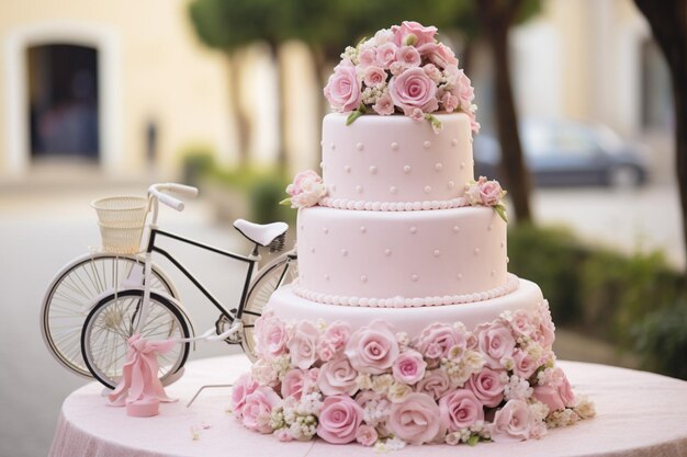 Foto de cerca del pastel de boda con flores rosas de alta calidad