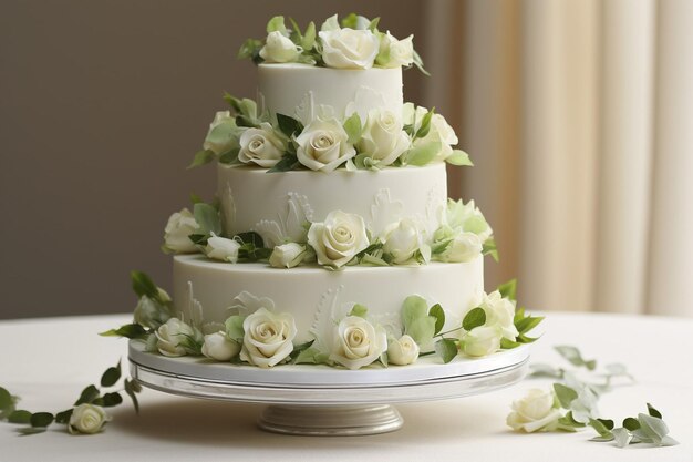 De cerca del pastel de boda con flores rosas de alta calidad