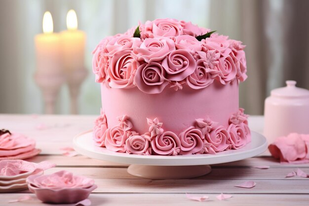 De cerca del pastel de boda con flores rosas de alta calidad