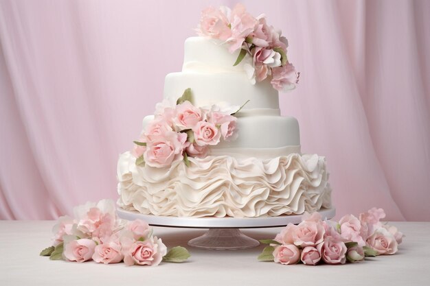 De cerca del pastel de boda con flores rosas de alta calidad