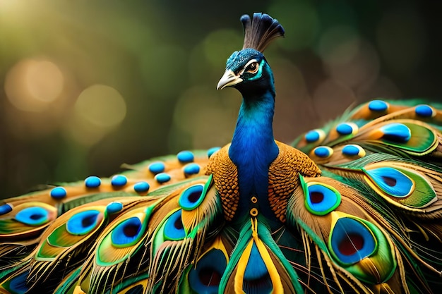 Cerca de un pavo real verde y azul