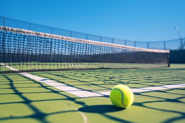 Cerca de la pelota de tenis en la línea blanca cerca de la red