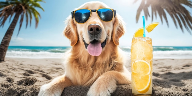 Cerca de perro con gafas de sol y con bebida generativa ai