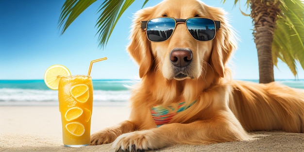 Cerca de perro con gafas de sol y con bebida generativa ai