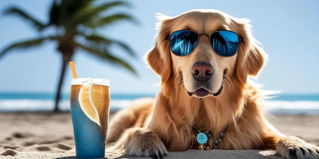 Cerca de perro con gafas de sol y con bebida generativa ai