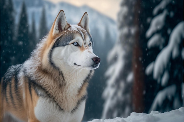 Cerca de un perro en la nieve.