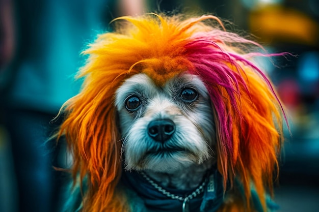 Cerca de perro con peluca roja y amarilla en la cabeza IA generativa