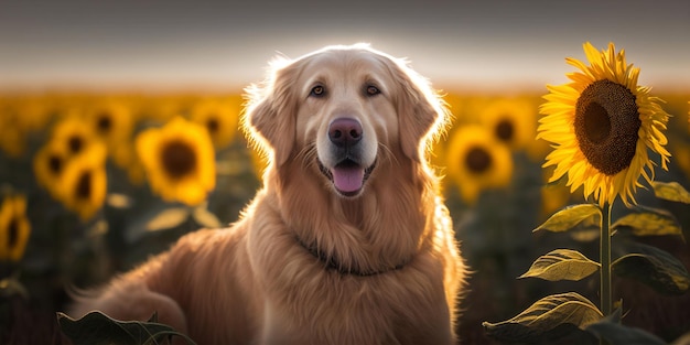 Cerca de perro sentado en campo girasoles generativo ai