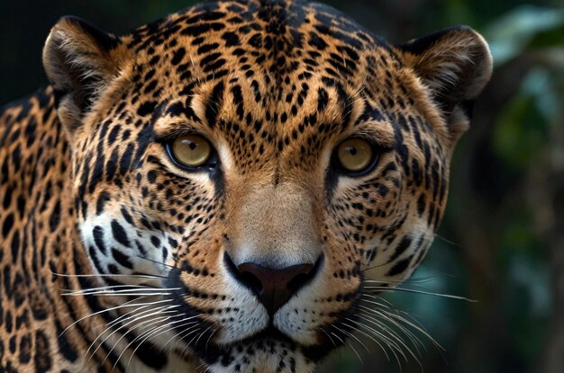 De cerca y personal con la mirada jaguar en el hábitat natural mostrando una mirada feroz y seria como salvaje