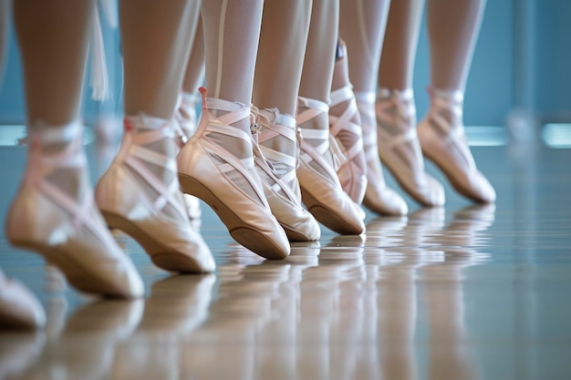 Foto cerca de las piernas de una clase de ballet en una fila generativa ai