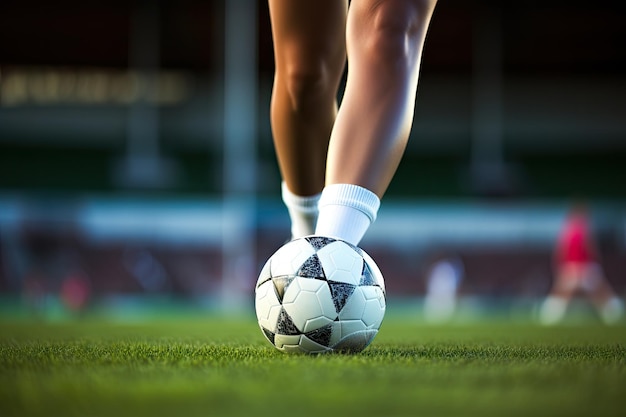 Cerca de las piernas de una jugadora de fútbol sobre la pelota en el estadio