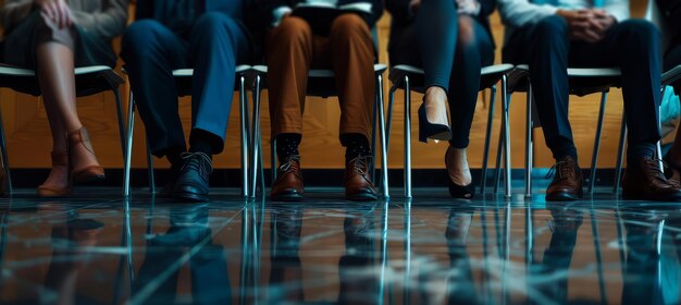 Cerca de las piernas de las personas de negocios que esperan una entrevista de trabajo concepto de contratación y reclutamiento