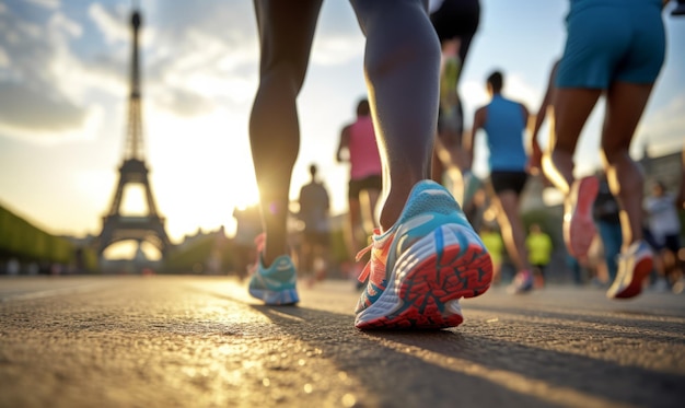 Cerca de los pies de los corredores mientras corren hacia la torre Eiffel en los deportes de verano de París