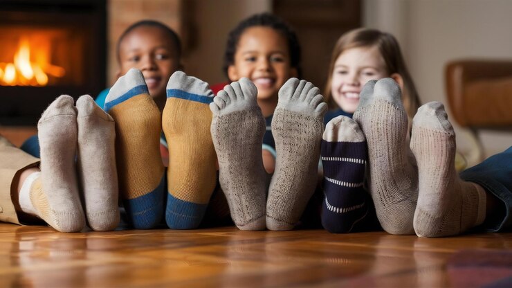 Foto cerca de los pies de la familia en calcetines de lana