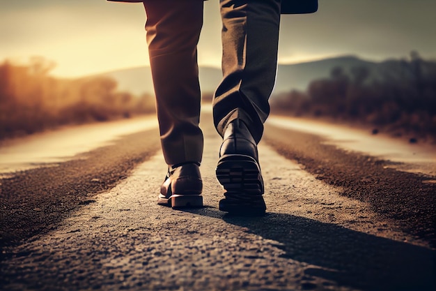 Cerca de los pies del hombre caminando por la carretera al atardecergenerativo ai