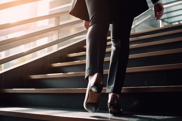 Cerca de los pies de una mujer de negocios subiendo un conjunto de escaleras