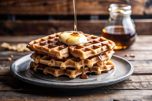 cerca de una pila de deliciosos waffles con miel
