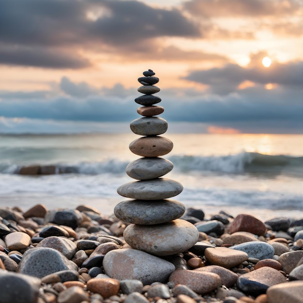 Cerca de una pila de equilibrio de piedras en una playa