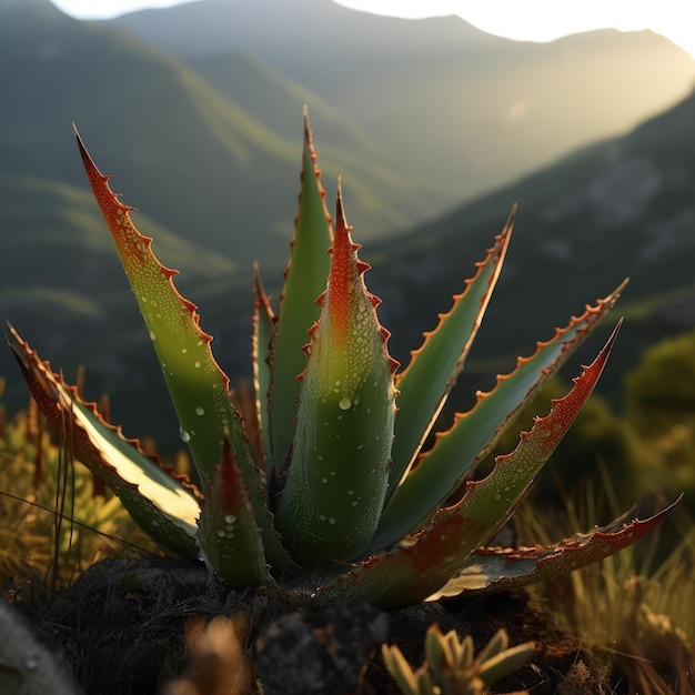 Cerca de una planta de aloe con montañas ai generativo