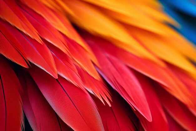 Foto cerca de las plumas del pájaro guacamayo escarlata