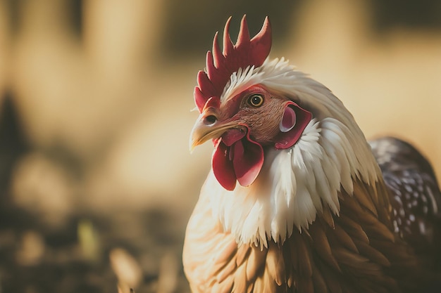 Cerca de un pollo en una granja con fondo natural