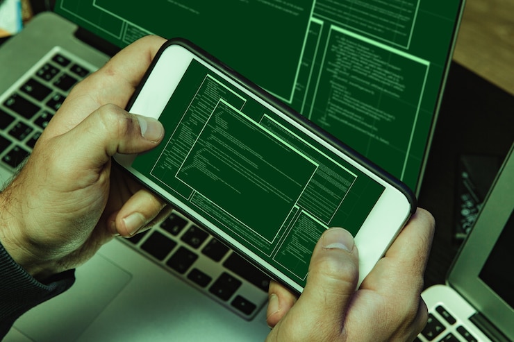 Foto cerca del programador de manos de hacker escribiendo un código