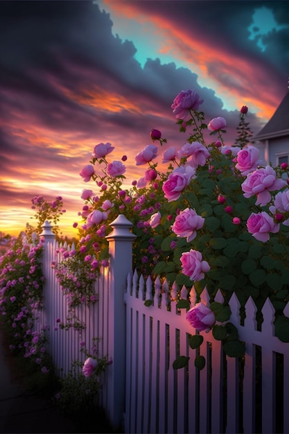 Cerca que tiene algunas flores rosadas en él generativo ai