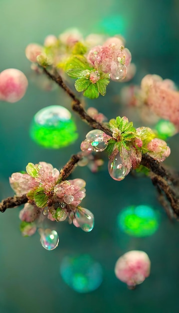 Cerca de la rama de un árbol con gotas de agua sobre él ai generativo