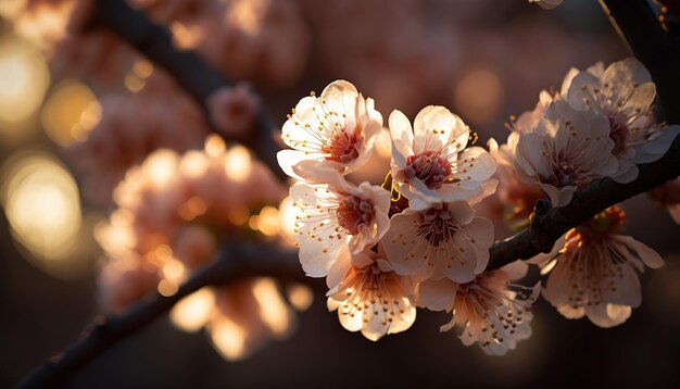 Cerca de la rama de flores de sakura en un día soleado Flores de cerezo AI generativa