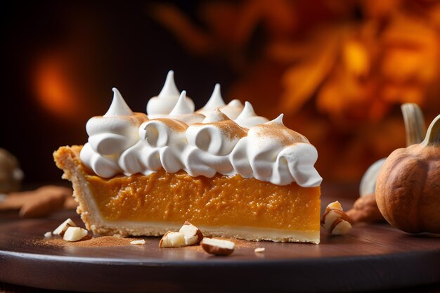 cerca de una rebanada de pastel de calabaza con crema batida