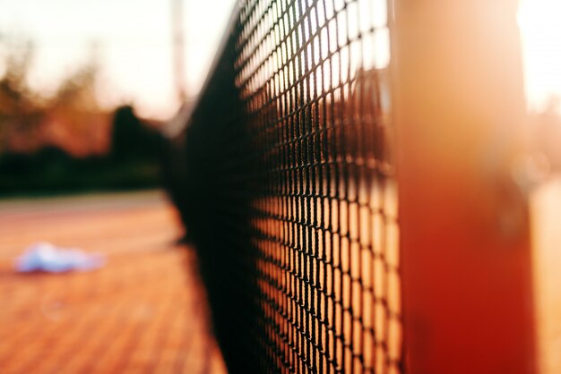 Cerca de la red en la cancha de tenis. Fotografía tomada en la mañana en verano.