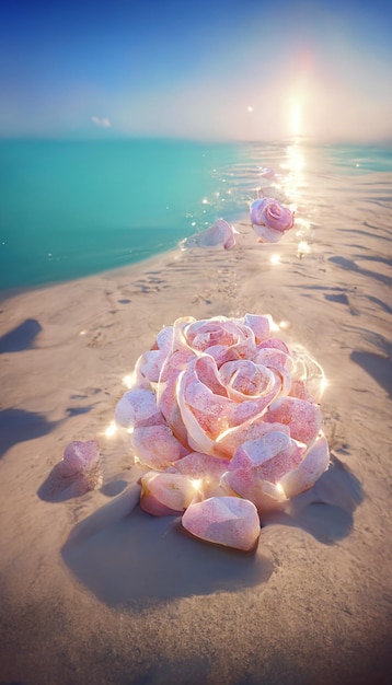 Cerca de rosa en la playa con rocas y agua generativa ai